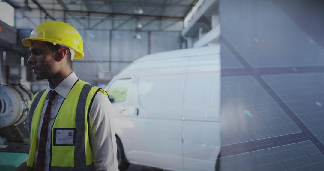 Industrial Site Inspector Wearing Hard Hat and High Visibility Vest Inspecting Van