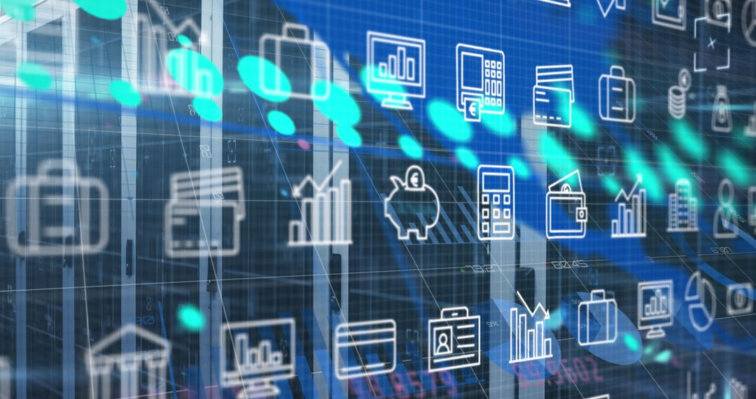 Digital Business Icon Overlay in Server Data Center with Graphs