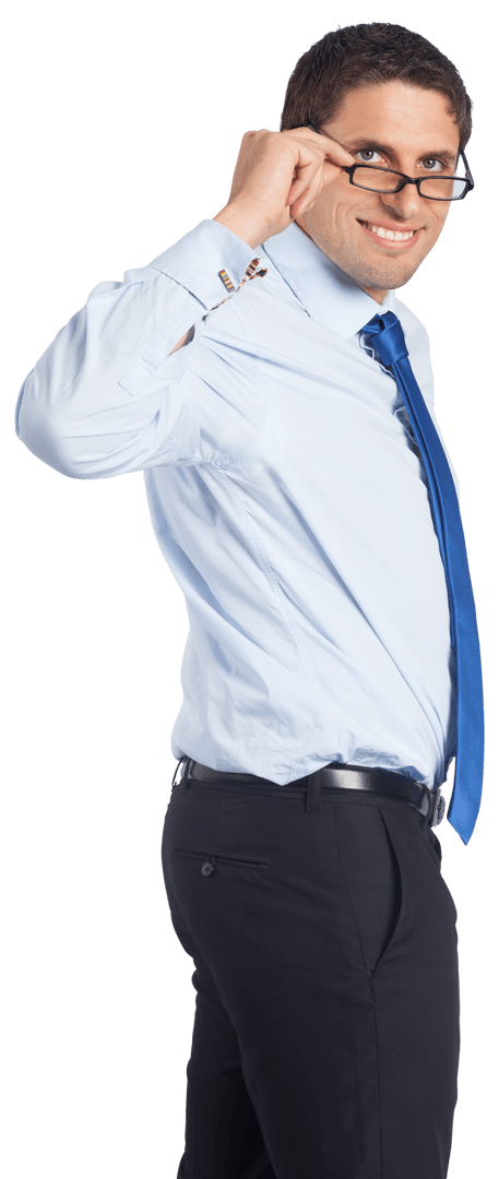 Confident Caucasian Businessman Adjusting Glasses on Transparent Background