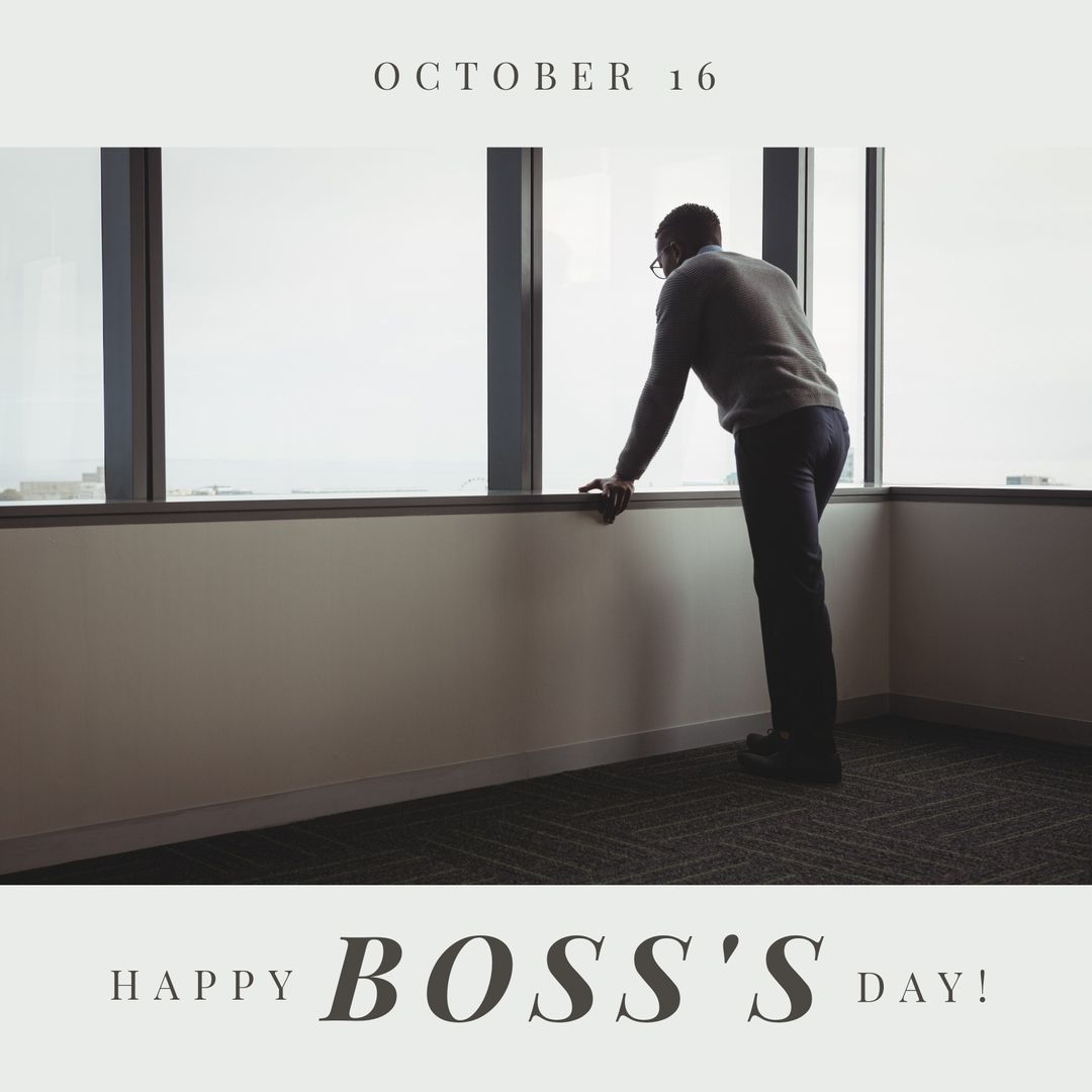 Boss's Day Celebration with Reflective Businessman Looking Out Office Window