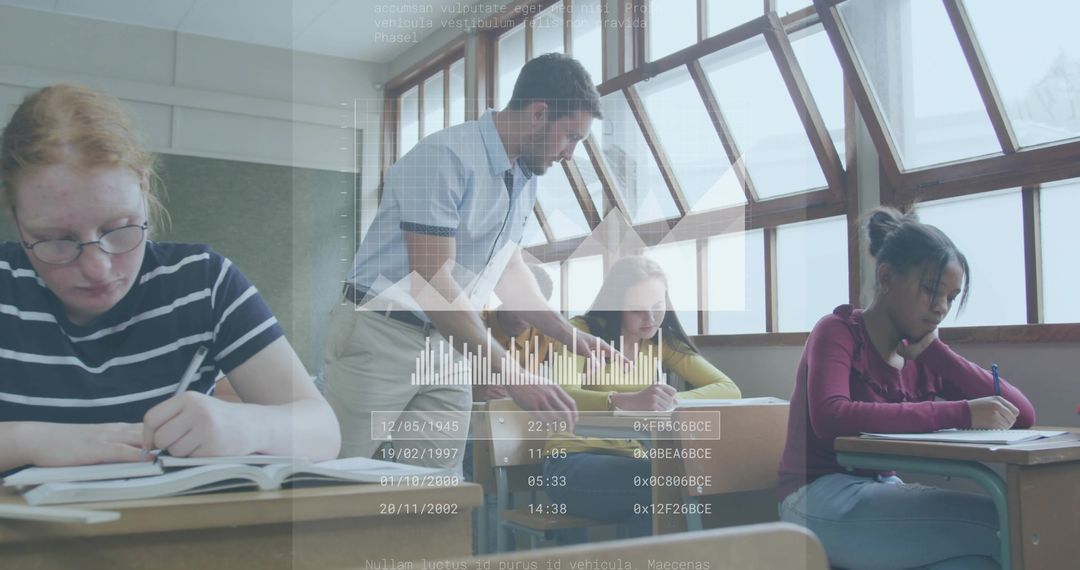 Teacher Leaning Assisting Student Writing Notebook in Sunlit Classroom with HUD Data Overlay
