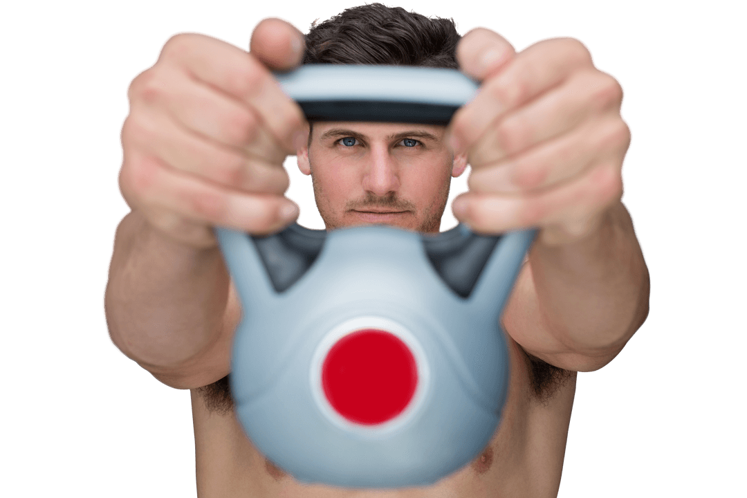 Caucasian Man Lifting Kettlebell with Transparent Background