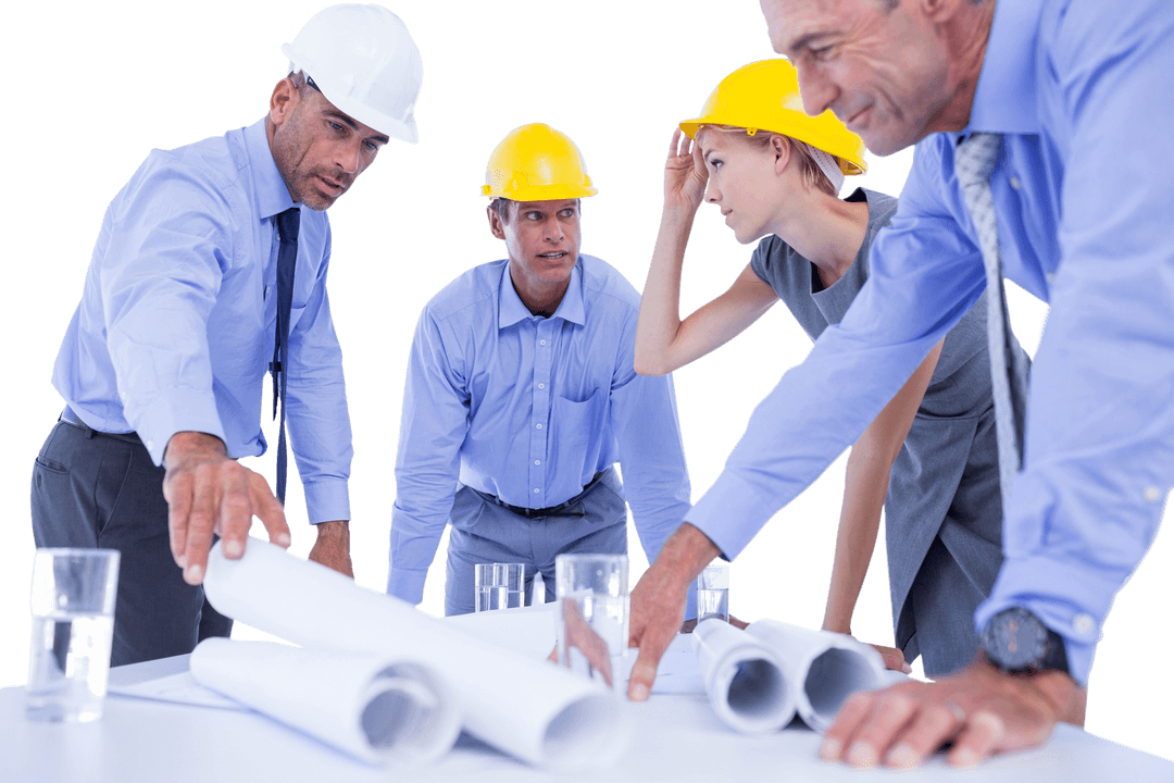 Transparent Team Discussing Blueprint Construction Project