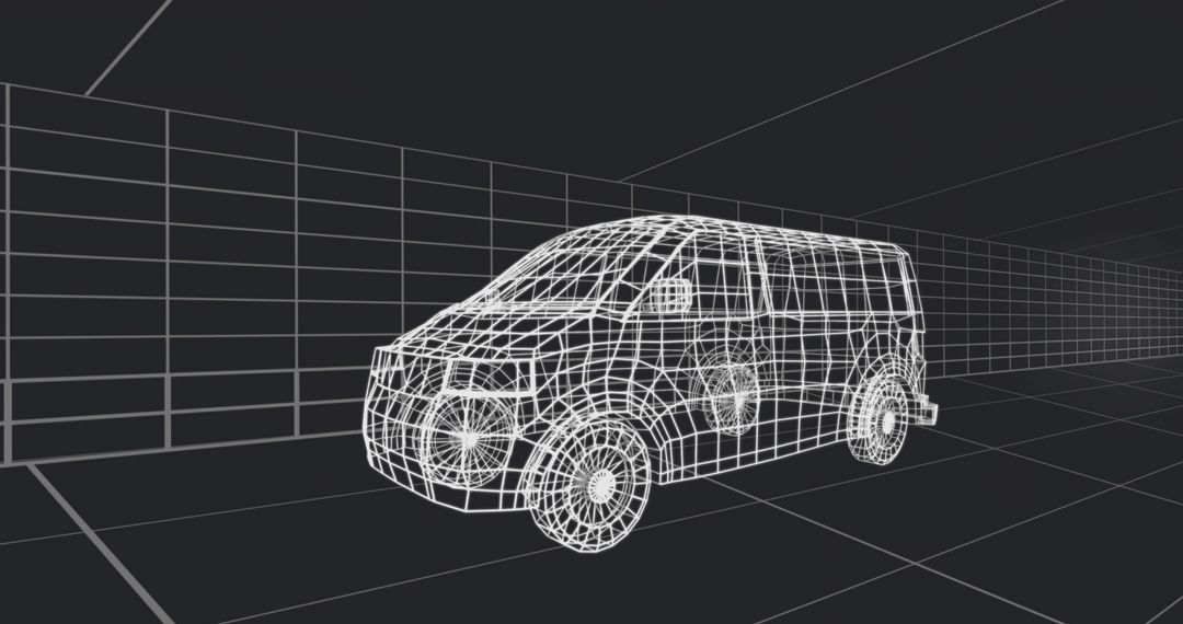 Wireframe Cargo Van Rotating on Digital 3D Grid