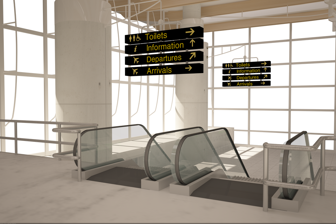 Transparent Airport Interior with Escalators and Signage for Travel Directions - Download Free Stock Images Pikwizard.com