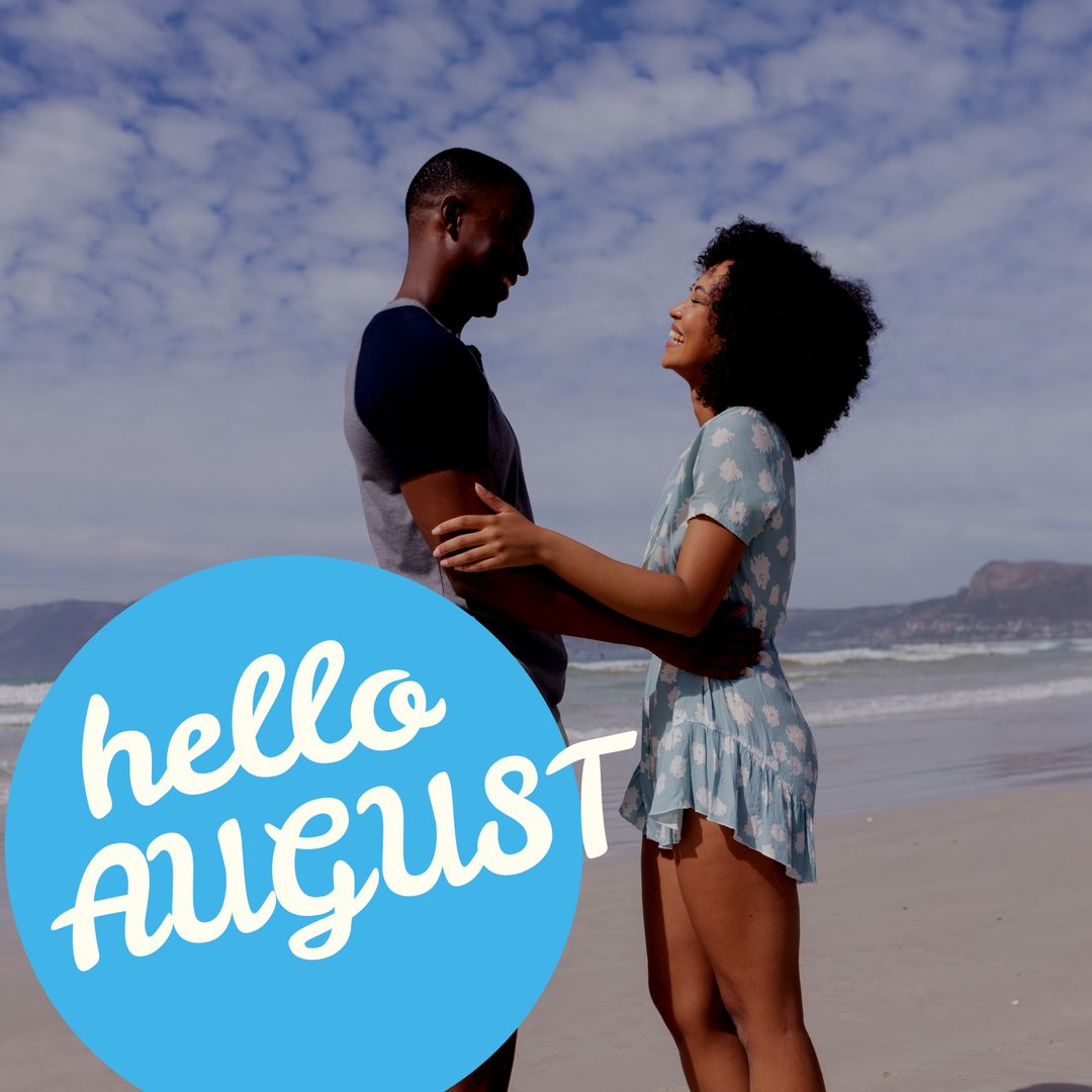 Happy Couple Embracing on Beach with 'Hello August' Text