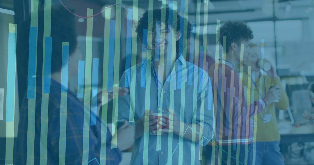 Young Professionals Discussing Data with Urban Graphics Overlay