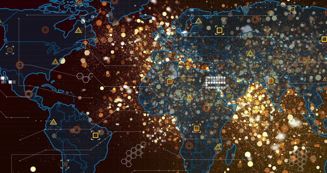 Futuristic Digital Map with Glowing Data Points and Network Visualization
