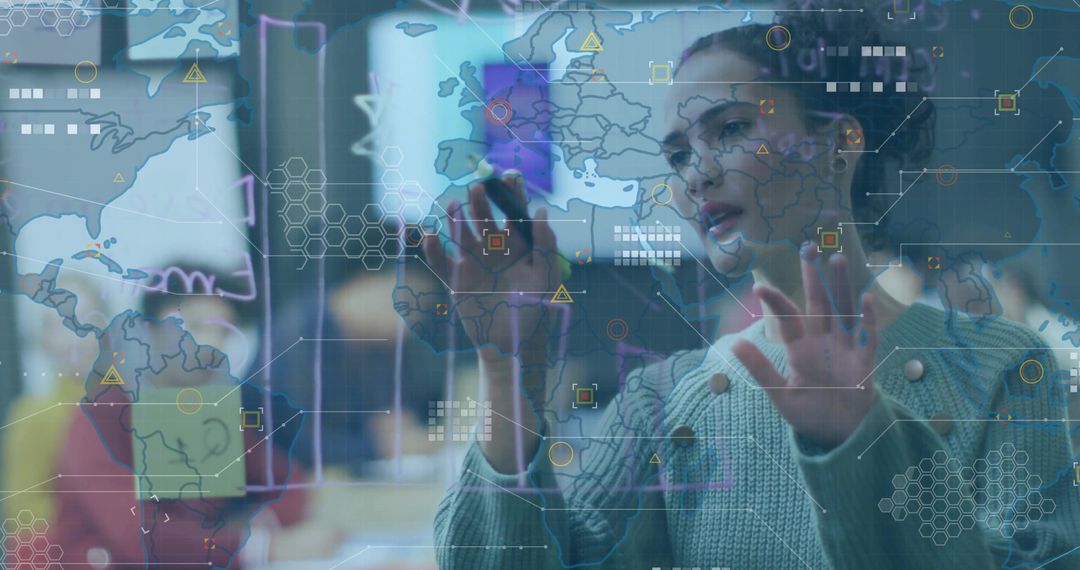 Innovative Woman Interacts with Holographic World Map Display