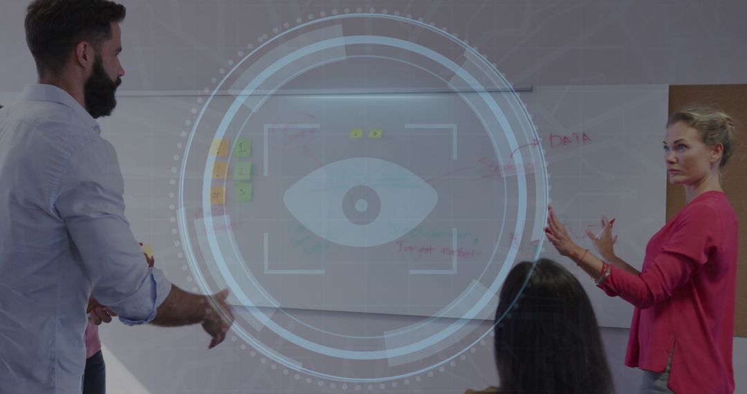 Colleagues Discussing Security Concept with High-Tech Overlay