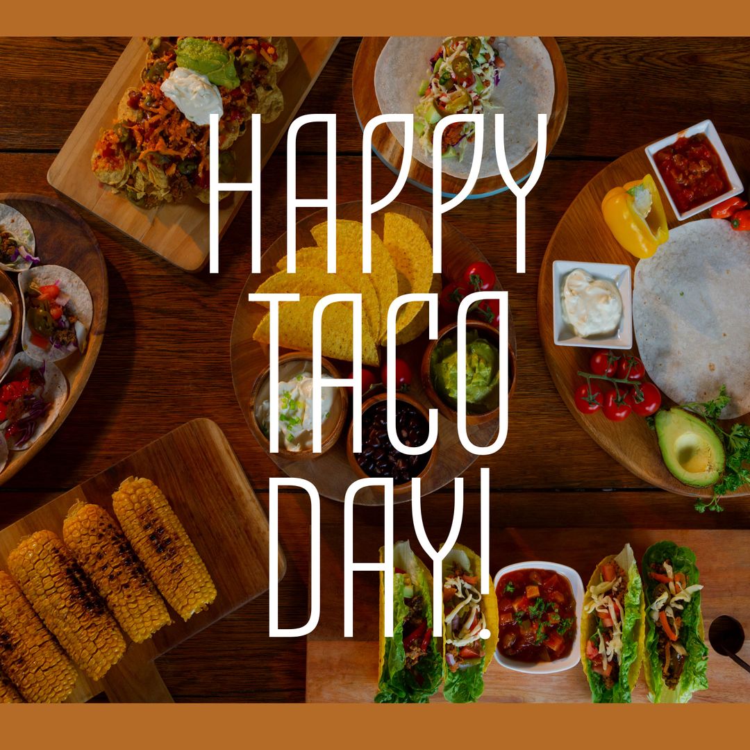 Happy Taco Day Celebration with a Spread of Delicious Tacos and Sides - Download Free Stock Templates Pikwizard.com