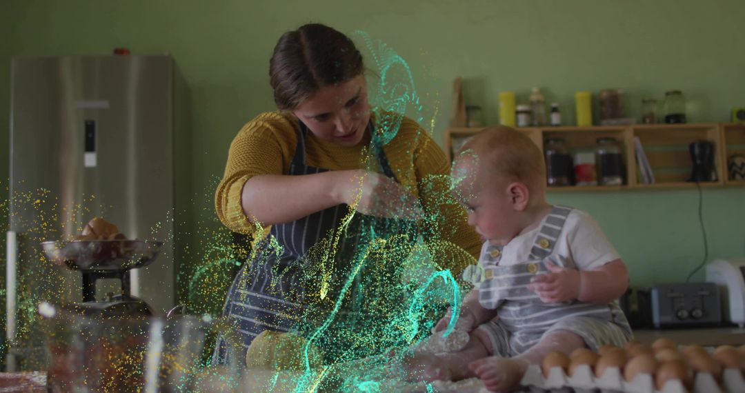 Baking mother with baby on counter creating glowing flour swirl and joyful kitchen mess