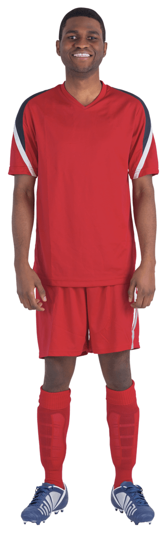 Cheerful Football Player Wearing Transparent Red Jersey on White Background