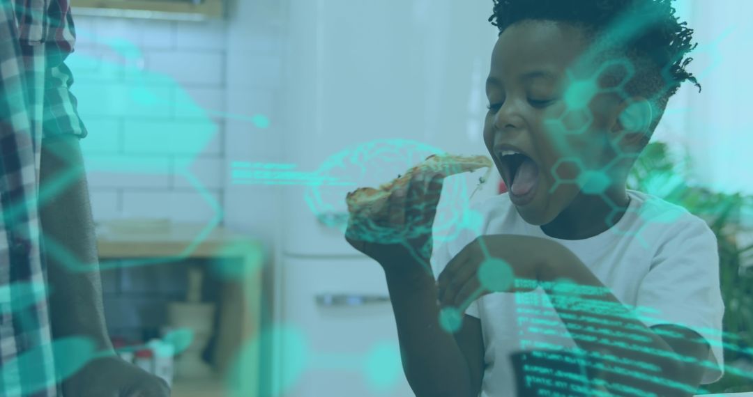 African American Boy Enjoying Pizza with Digital Overlay of AI
