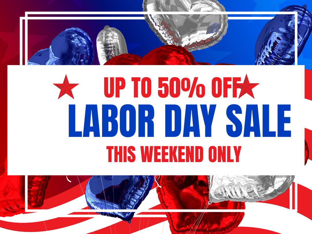Labor Day Sale Announcement with Festive Balloons and Bold Text