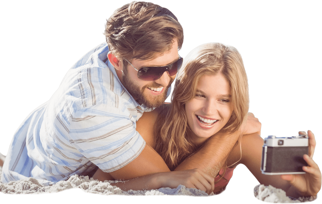 Smiling Couple Taking a Beach Selfie on Transparent Background