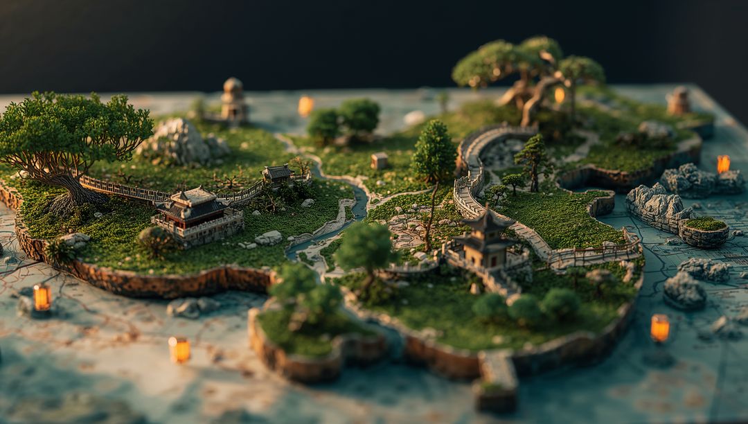 Intricate Miniature Island Diorama with Pagodas and Natural Details