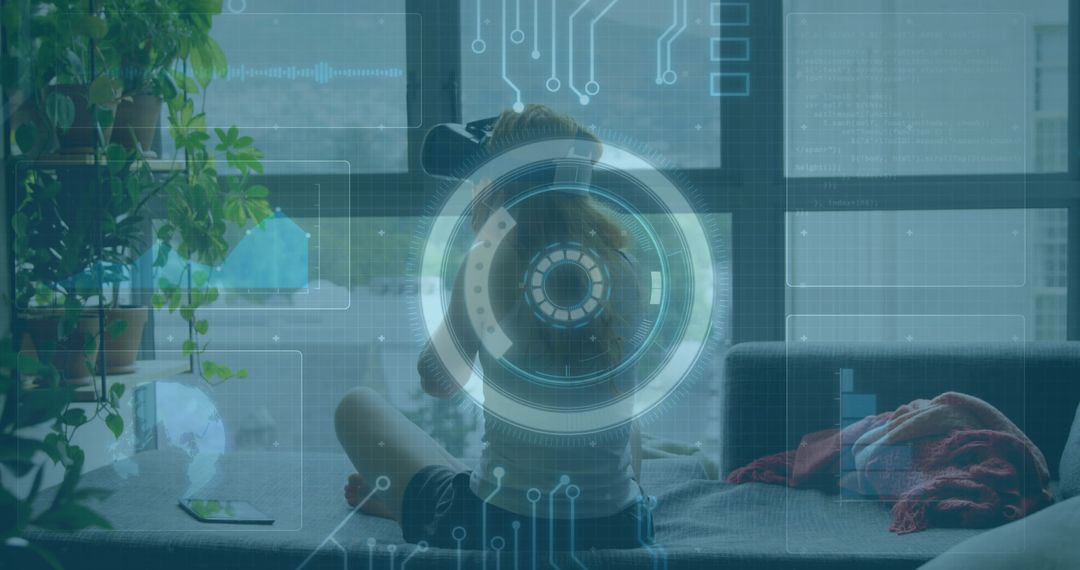 Woman Engaging in Technology with VR Goggles and Digital Interface