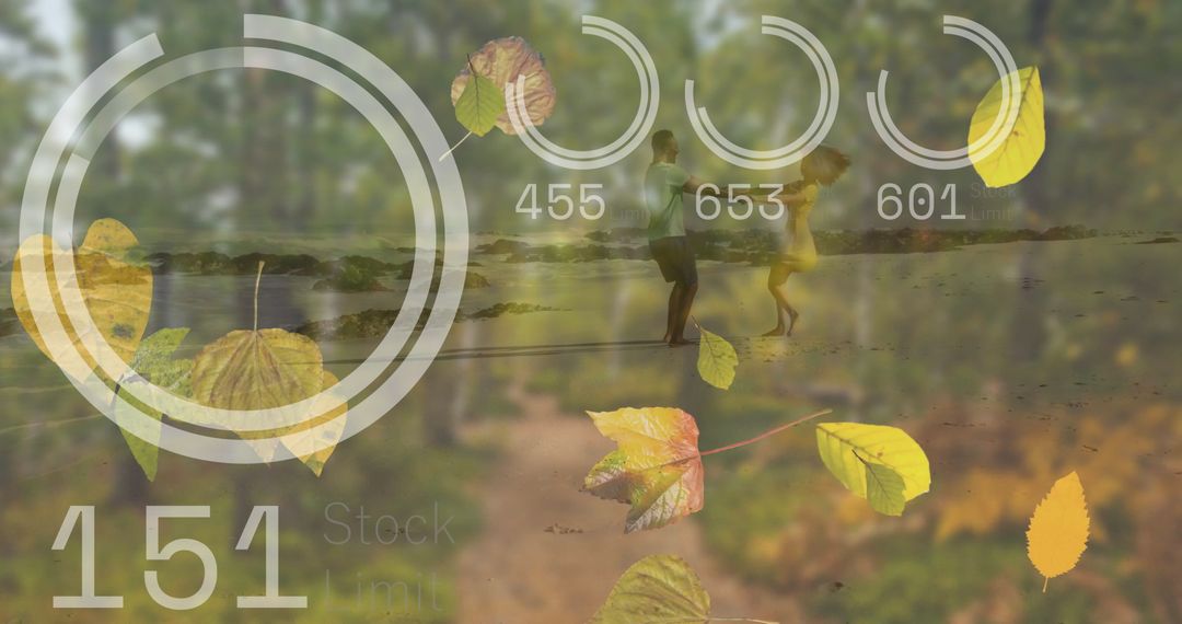 Couple Walking By Shoreline with Data Overlay and Autumn Leaves