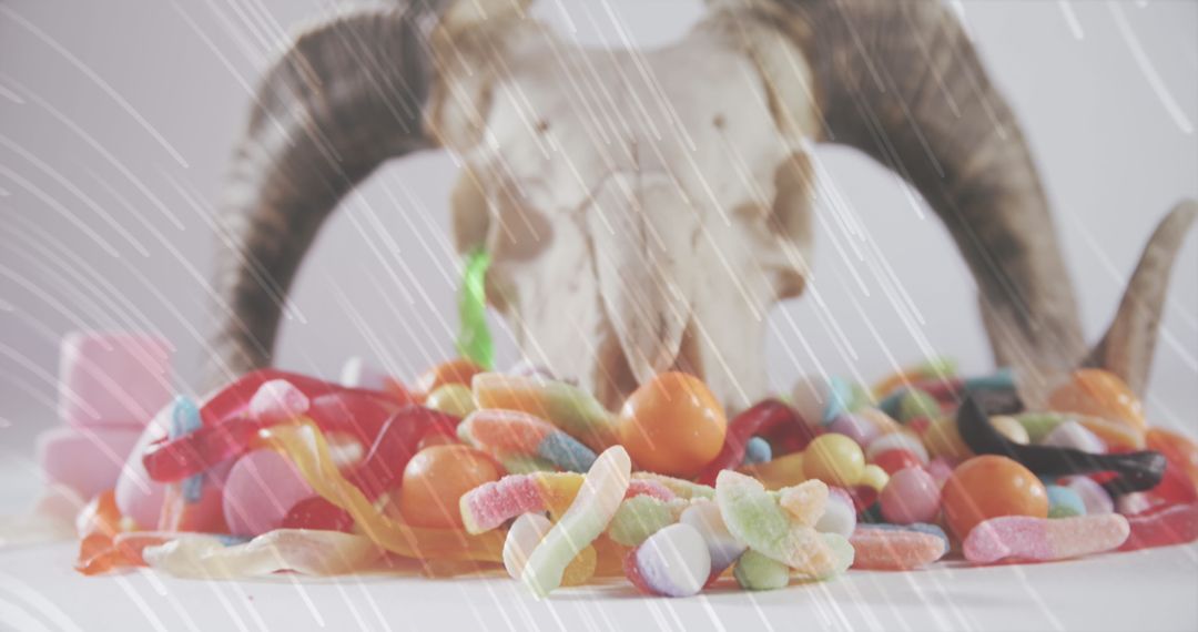 Halloween Vibes With Goat Skull and Colorful Candies - Free Images, Stock Photos and Pictures on Pikwizard.com