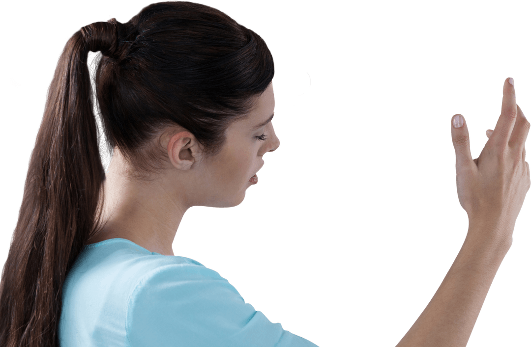 Young Woman Interacting with Transparent Digital Interface