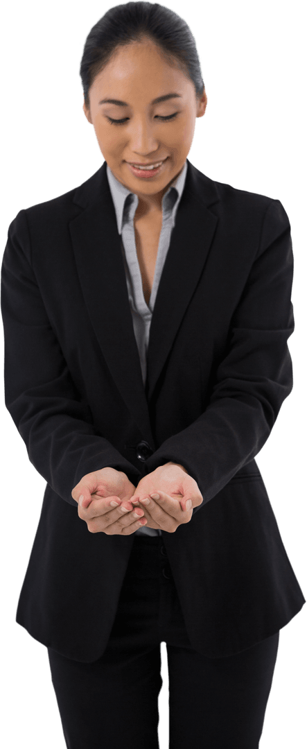 Businesswoman Gesturing With Transparent Object in Hands