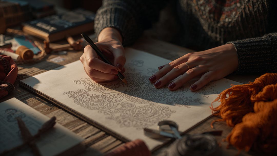 Hands Sketching Intricate Paisley Pattern on Rustic Wooden Table