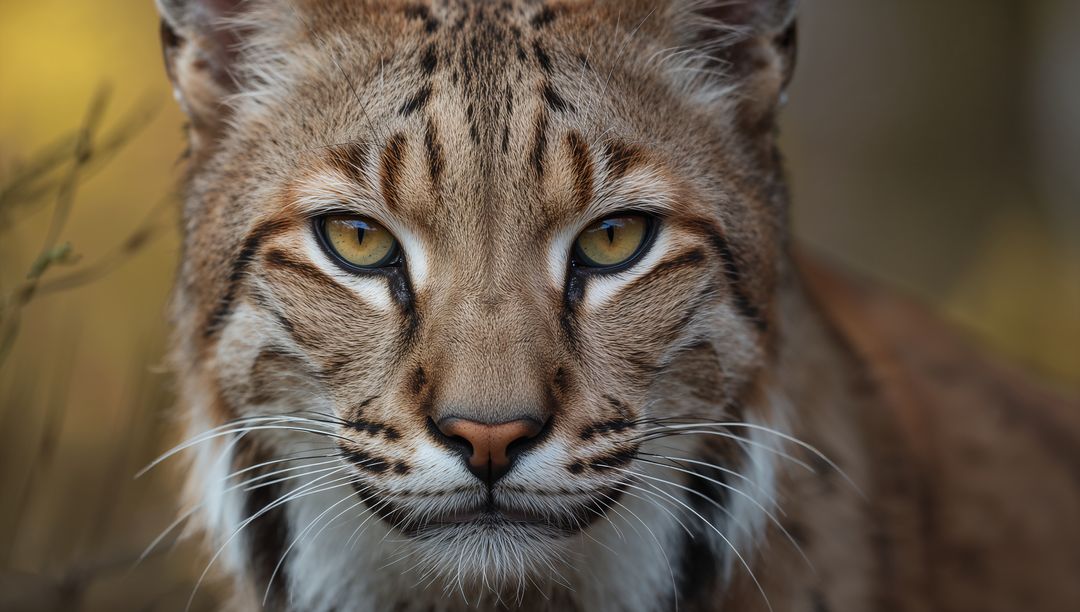 Gazing amber-eyed lynx closeup at forest edge during autumn