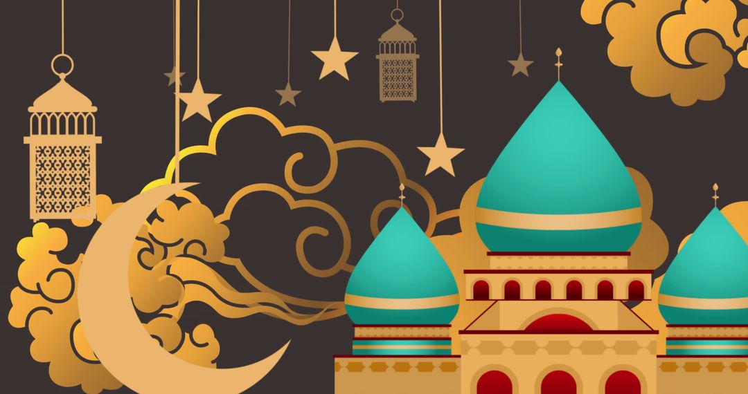 Colorful Mosque with Crescent Moon and Stars on Brown Background - Free Images, Stock Photos and Pictures on Pikwizard.com