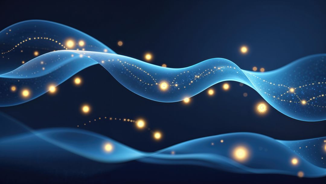 Abstract Digital Blue Waves with Golden Luminescent Orbs