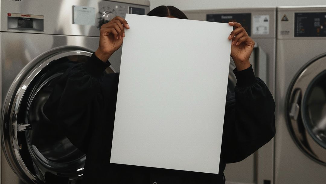 Anonymous Person Holding Blank Poster in Modern Laundromat