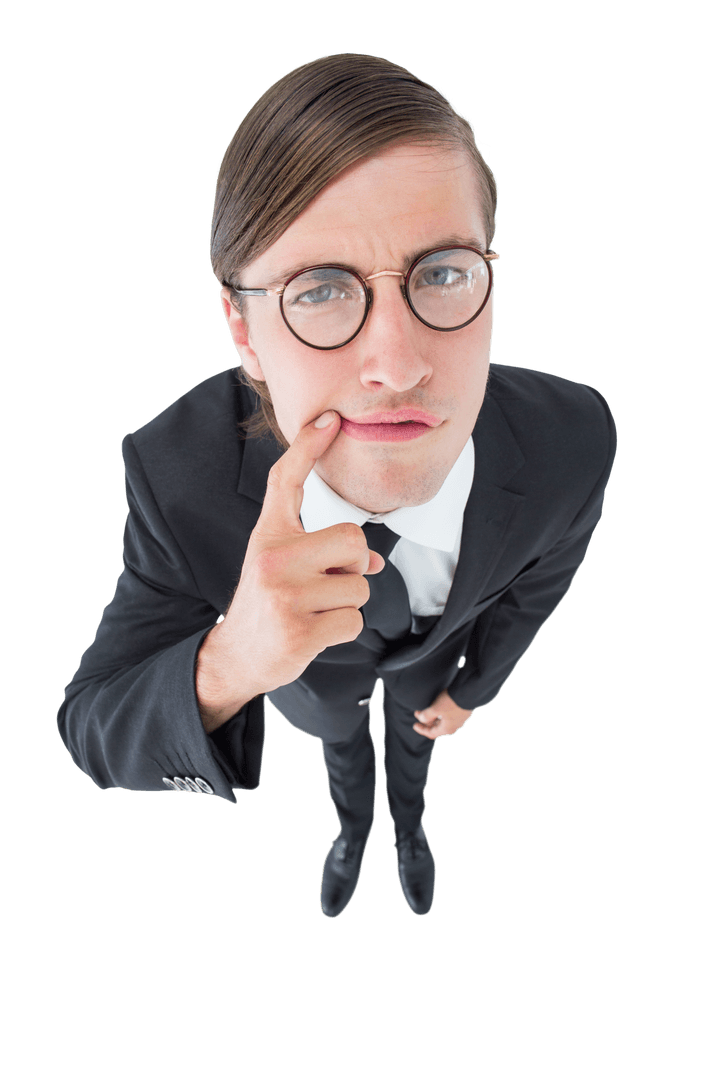 Transparent View: Geeky Businessman in Thought Mode with Glasses