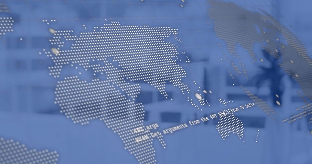 Digital Data Processing Overlaid on World Map in Blue Office Environment