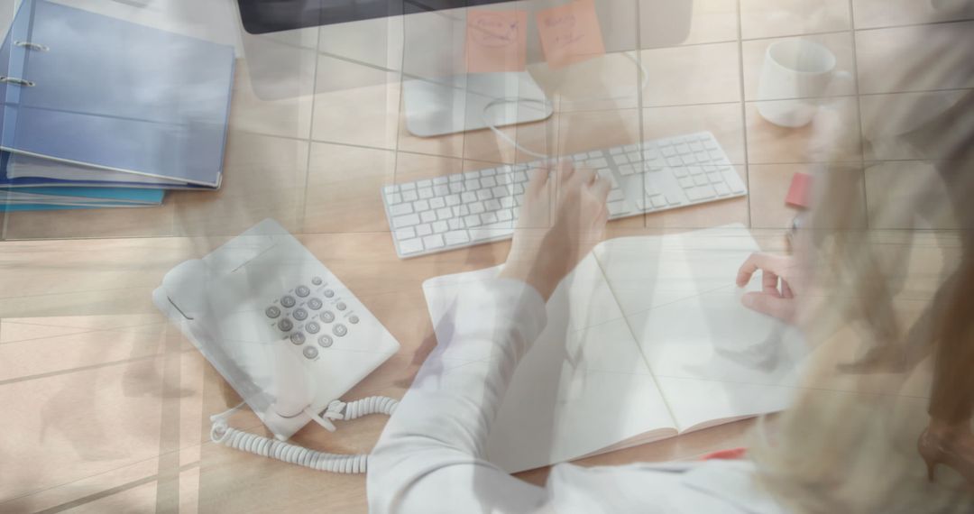 Image of caucasian businesswoman using computer over people walking - Free Images, Stock Photos and Pictures on Pikwizard.com