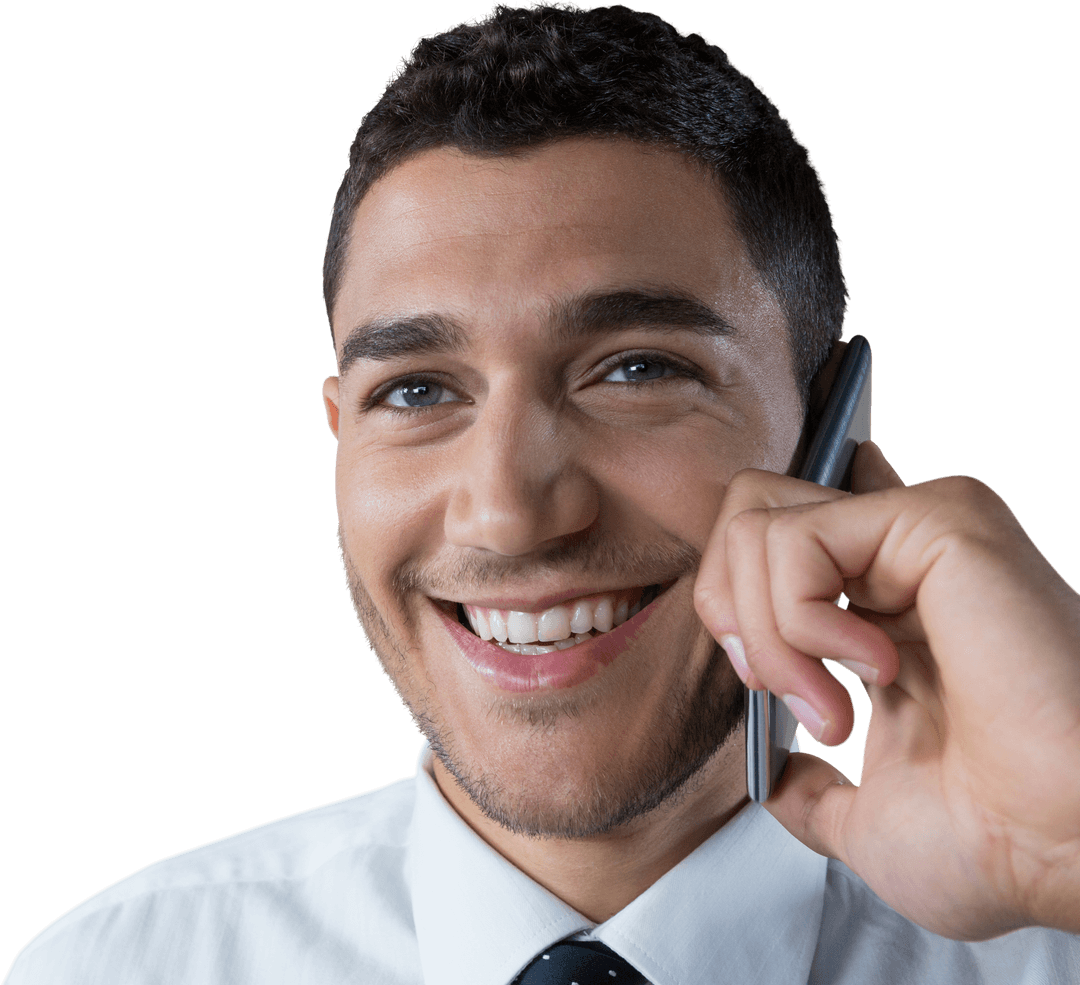 Smiling Young Businessman Speaking on Transparent Smartphone