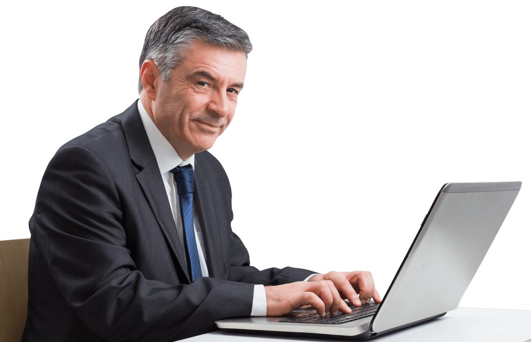 Transparent Background with Mature Businessman Typing on Laptop
