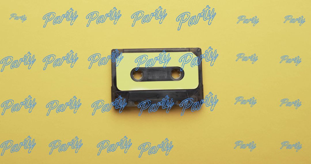 Retro Cassette with Party Text Overlay on Yellow Background
