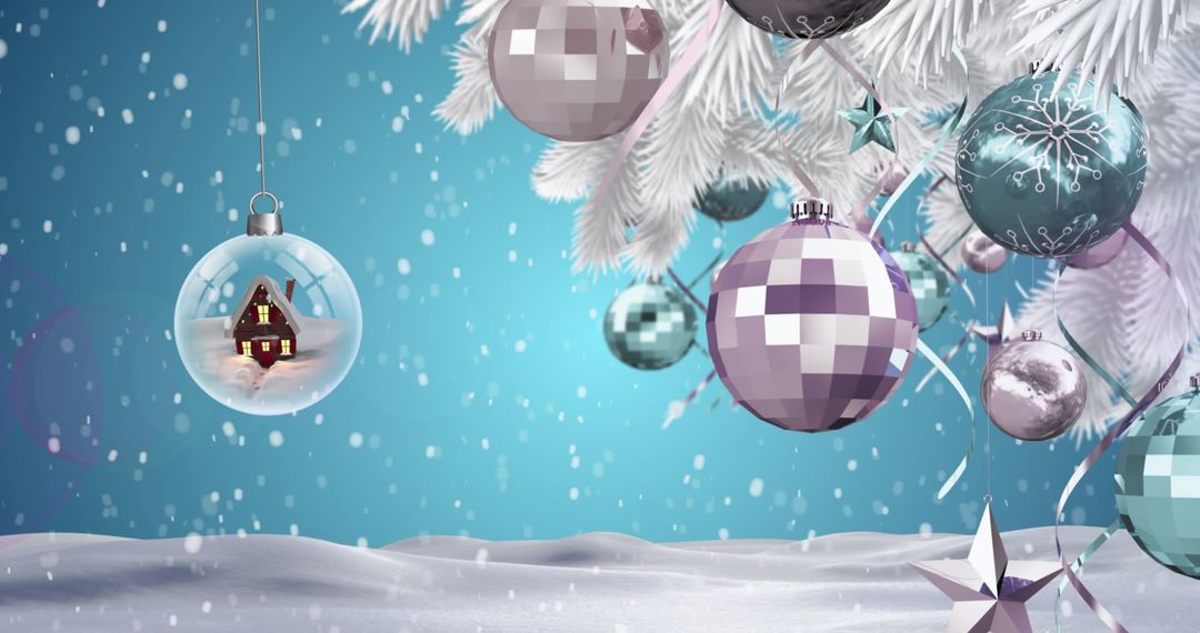 Christmas Tree with Festive Ornaments Snowy Winter Scene