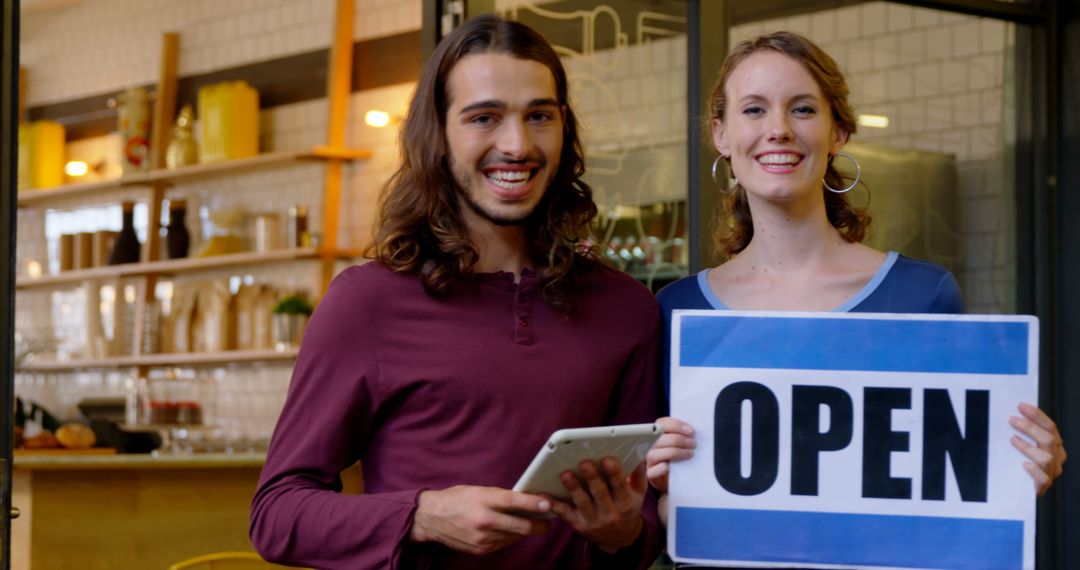 Smiling Entrepreneurs Holding Open Sign Welcoming Customers in Cafe