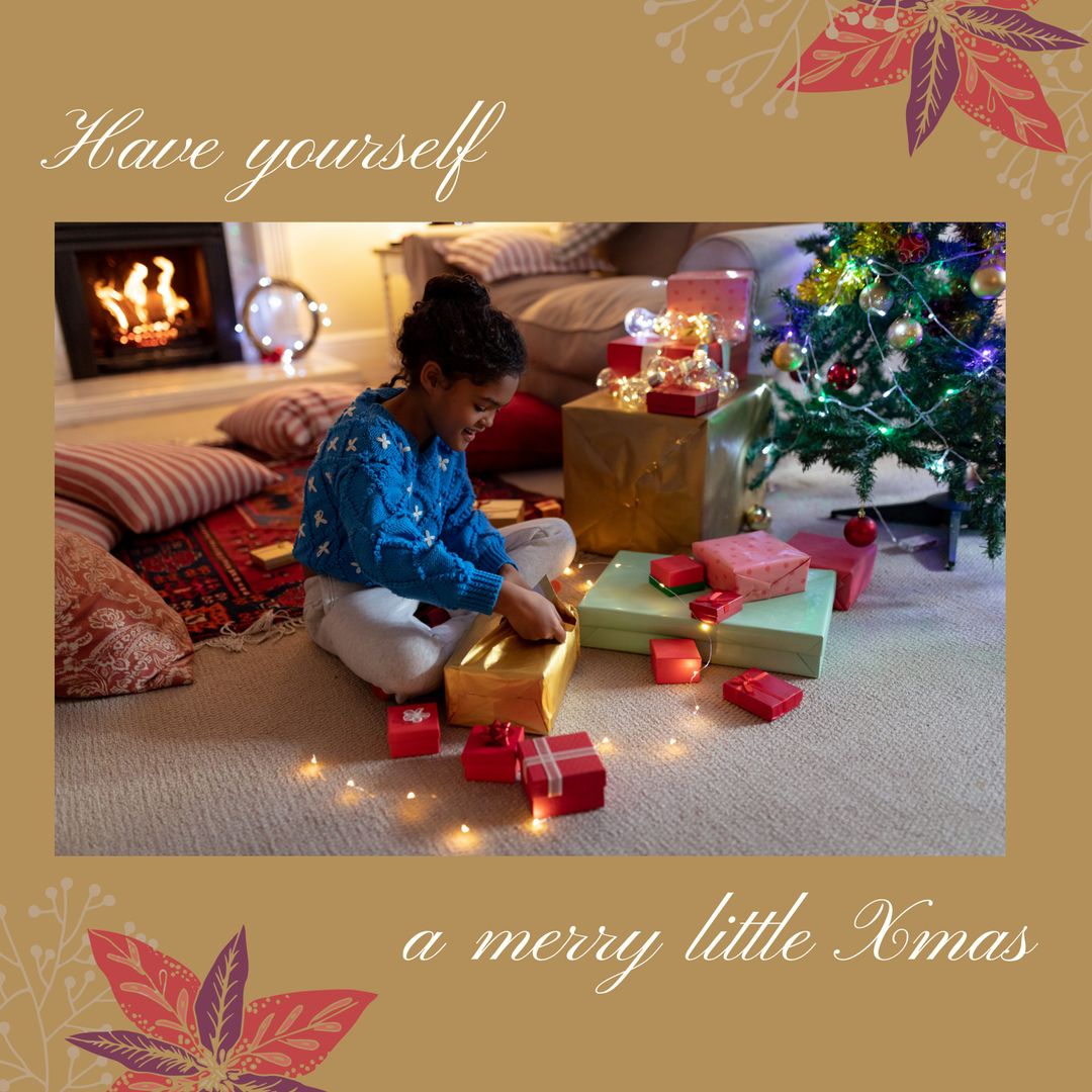 African American Girl Celebrating Christmas with Gifts by Christmas Tree - Download Free Stock Templates Pikwizard.com