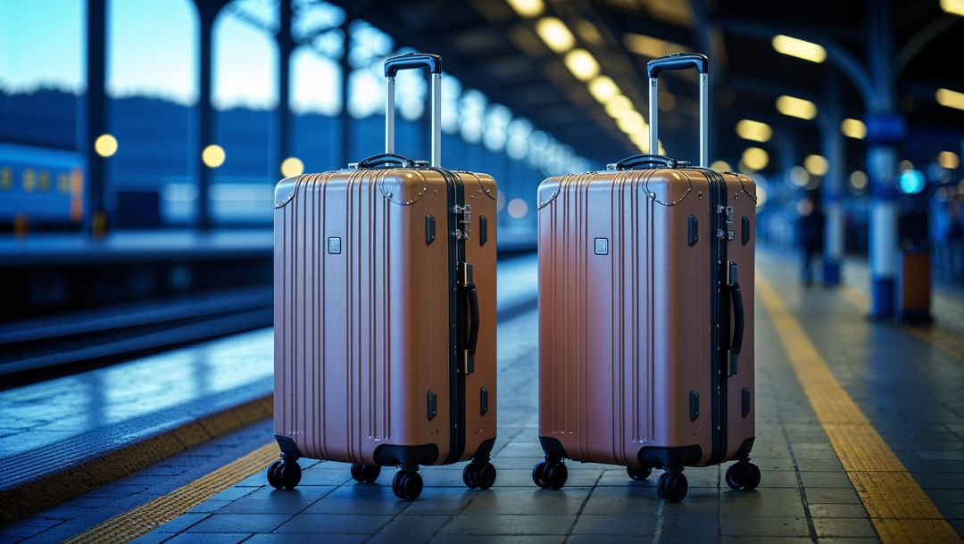 Modern lovers bronze suitcases on train station platform