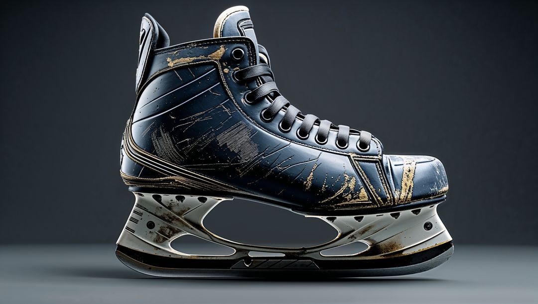 Black ice hockey skate on ice skating studio surface with scuff marks and silver blade