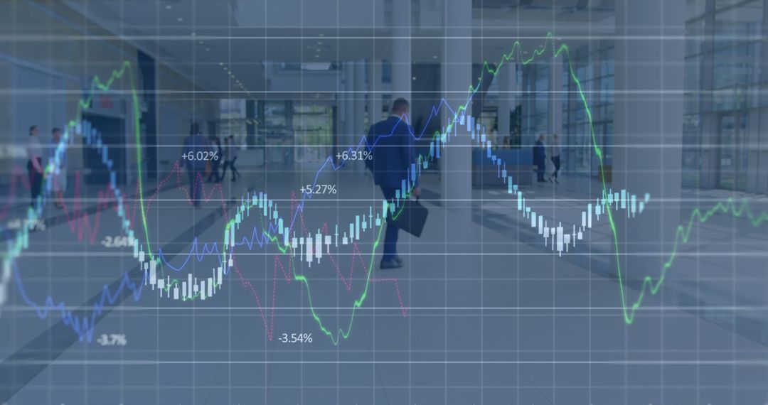 Overlay of Financial Data on Business People in Office Building