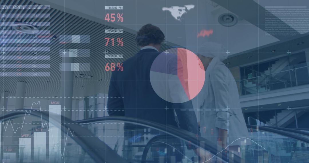 Businesspeople Discussing Financial Data on Escalator