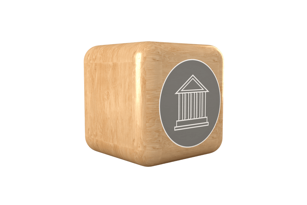 Transparent Wooden Cube with Bank Icon Symbol