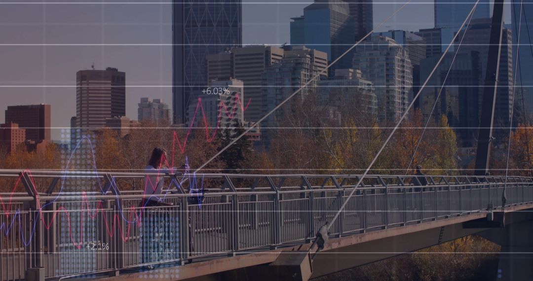 City Commuter Crossing Bridge with Financial Graphs and Urban Skyline