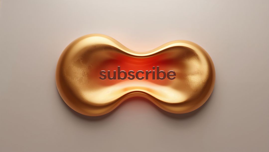 Glowing Gold Subscribe Button Shaping Double-Lobed Metallic Emblem on Beige Background