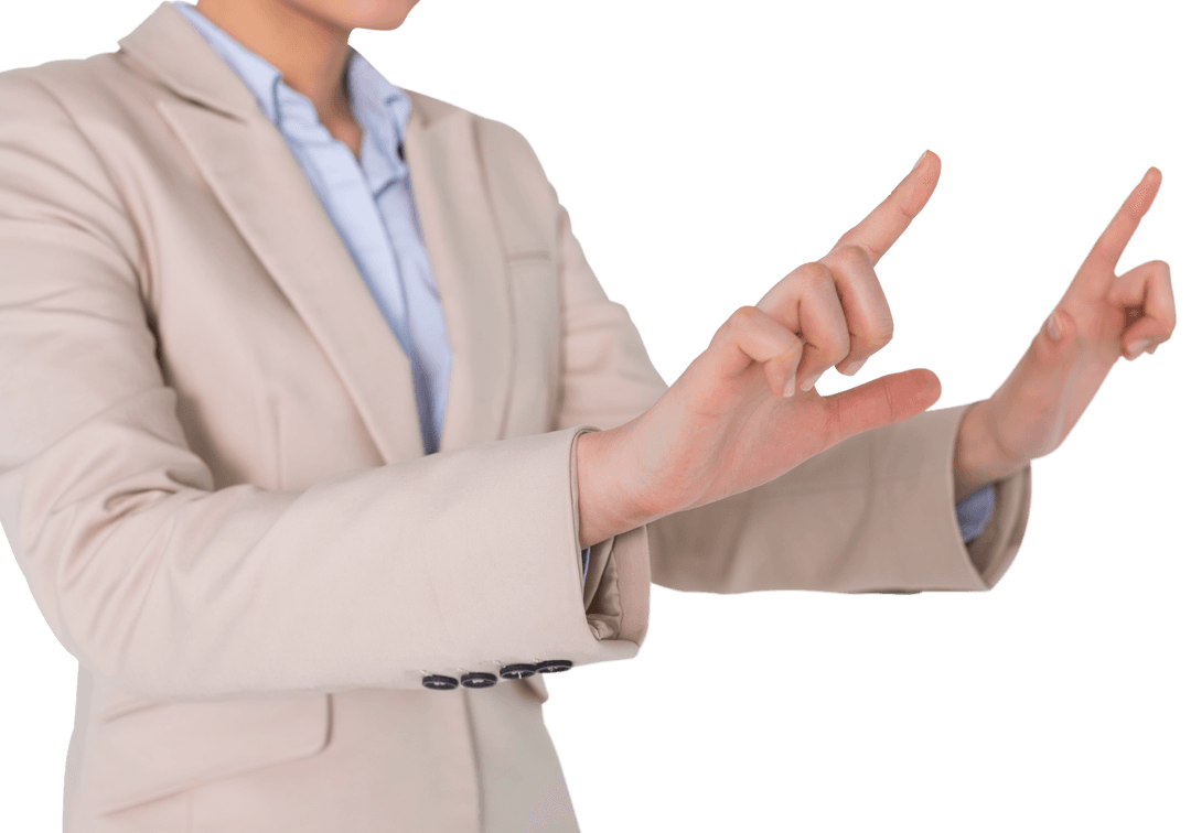 Asian Businesswoman Pointing in Virtual Interface on Transparent