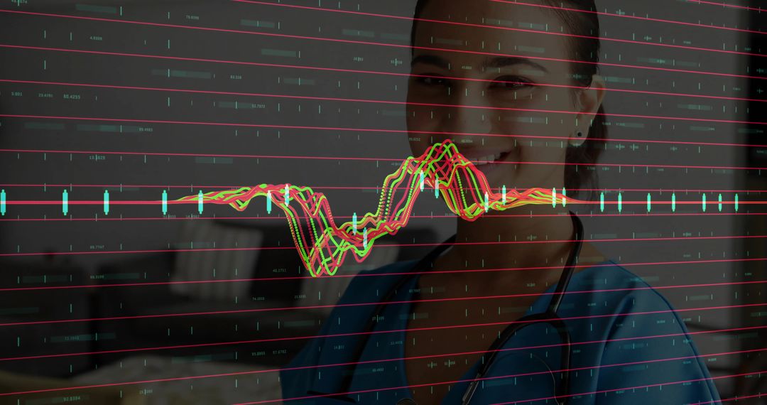 Clinician Wearing Scrubs and Stethoscope Analyzing Market Data Visualization Overlay