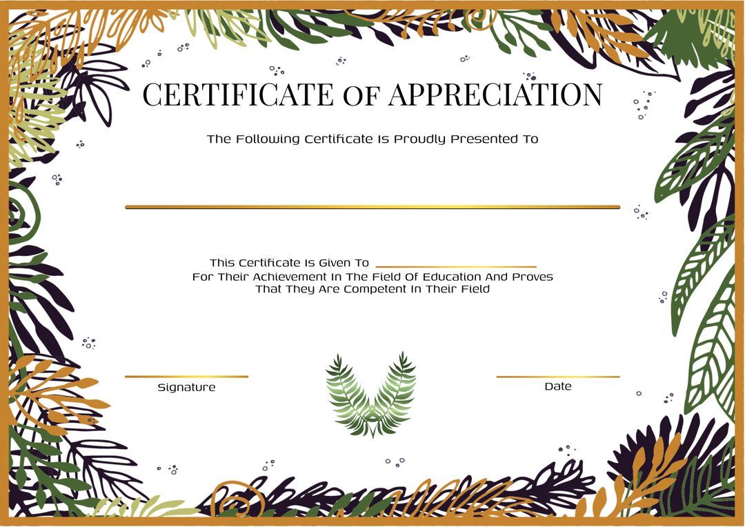 Certificate of Appreciation with Decorative Foliage Borders - Download Free Stock Templates Pikwizard.com